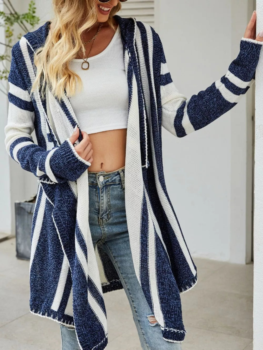 Striped Hooded Open Front Cardigan in Dusty Blue