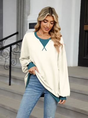 Contrast Round Neck Long Sleeve Sweatshirt in Burgundy with contrast trim