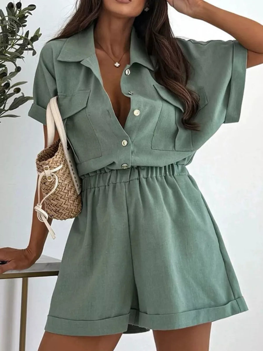 Dark Brown with Button Front Short Sleeve Shirt And Shorts Set