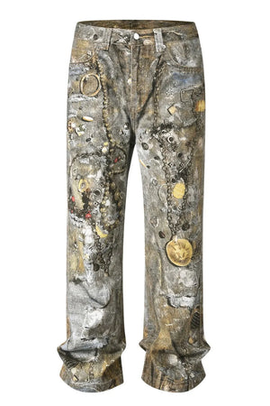 Distressed gray wide leg denim jeans with a treasure print and beaded chain details.