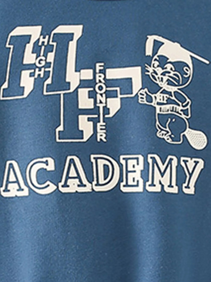 Children's French Blue graphic sweatshirt with "HF ACADEMY" and cartoon beaver.