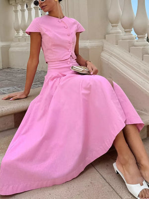 Pink fitted top with A-line skirt skirt set with round neck