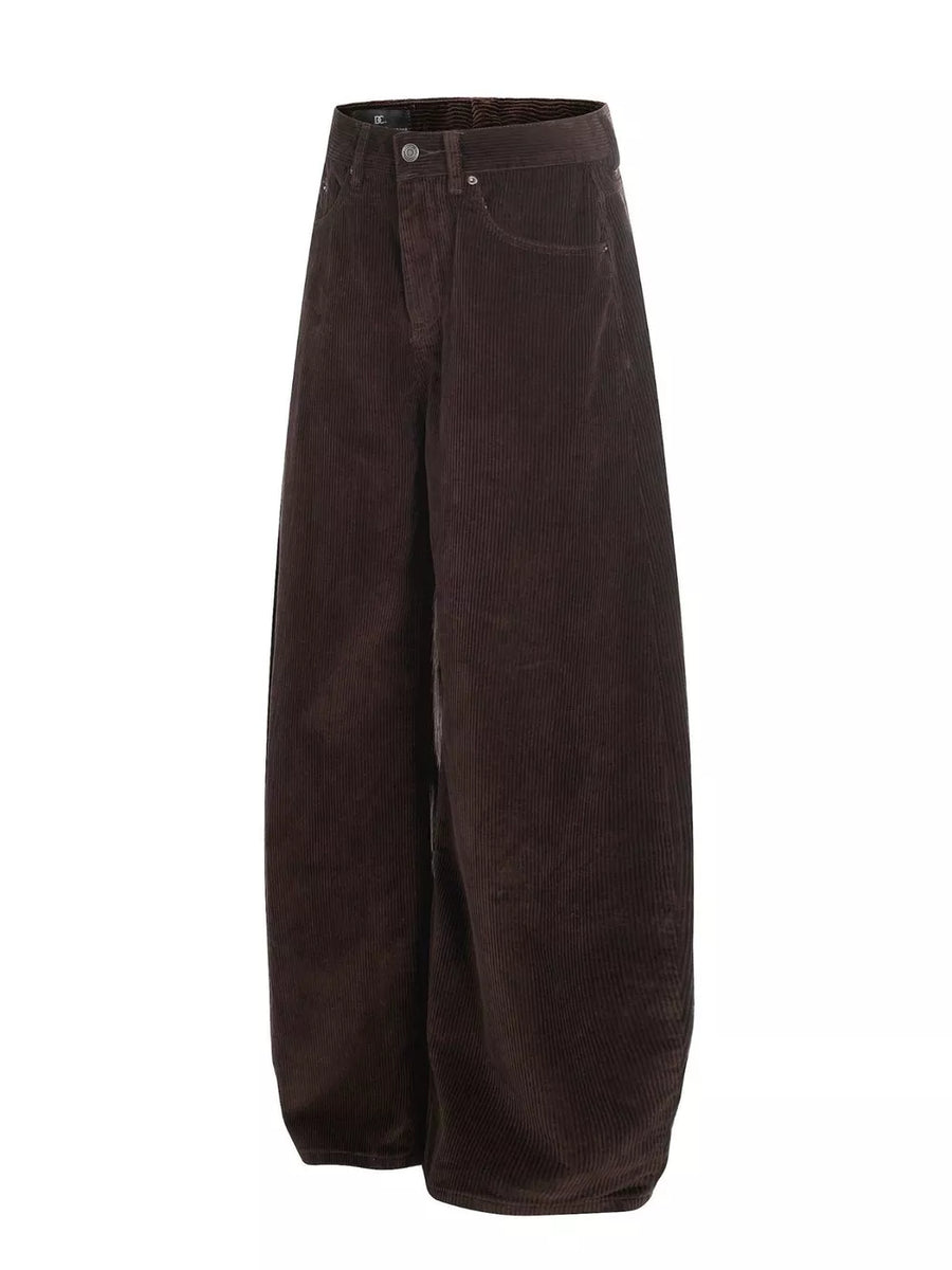 Brown corduroy wide-leg joggers for men with button fly and adjustable waist.