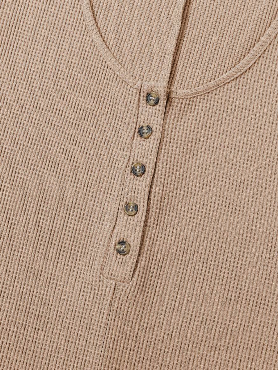 Camel waffle knit button-down romper with henley neckline and button details