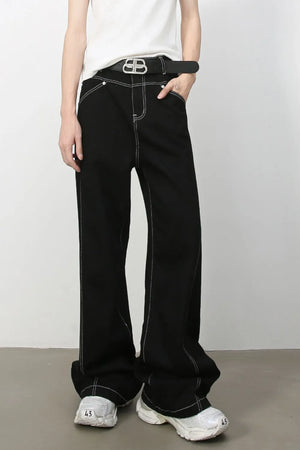 Black relaxed fit denim jeans with contrast stitching and a wide leg.