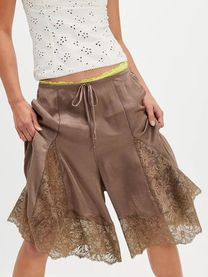 Lace Trimmed Relaxed Fit Shorts in Black, view 22