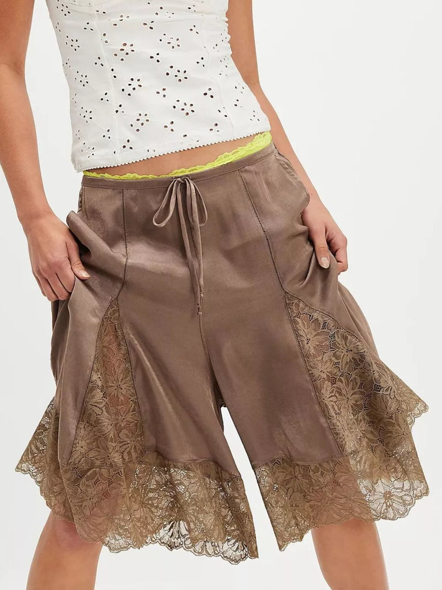 Lace Trimmed Relaxed Fit Shorts in Black, view 22