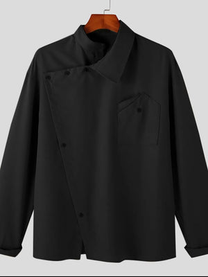 Black asymmetrical button-up shirt with architectural collar and pocket