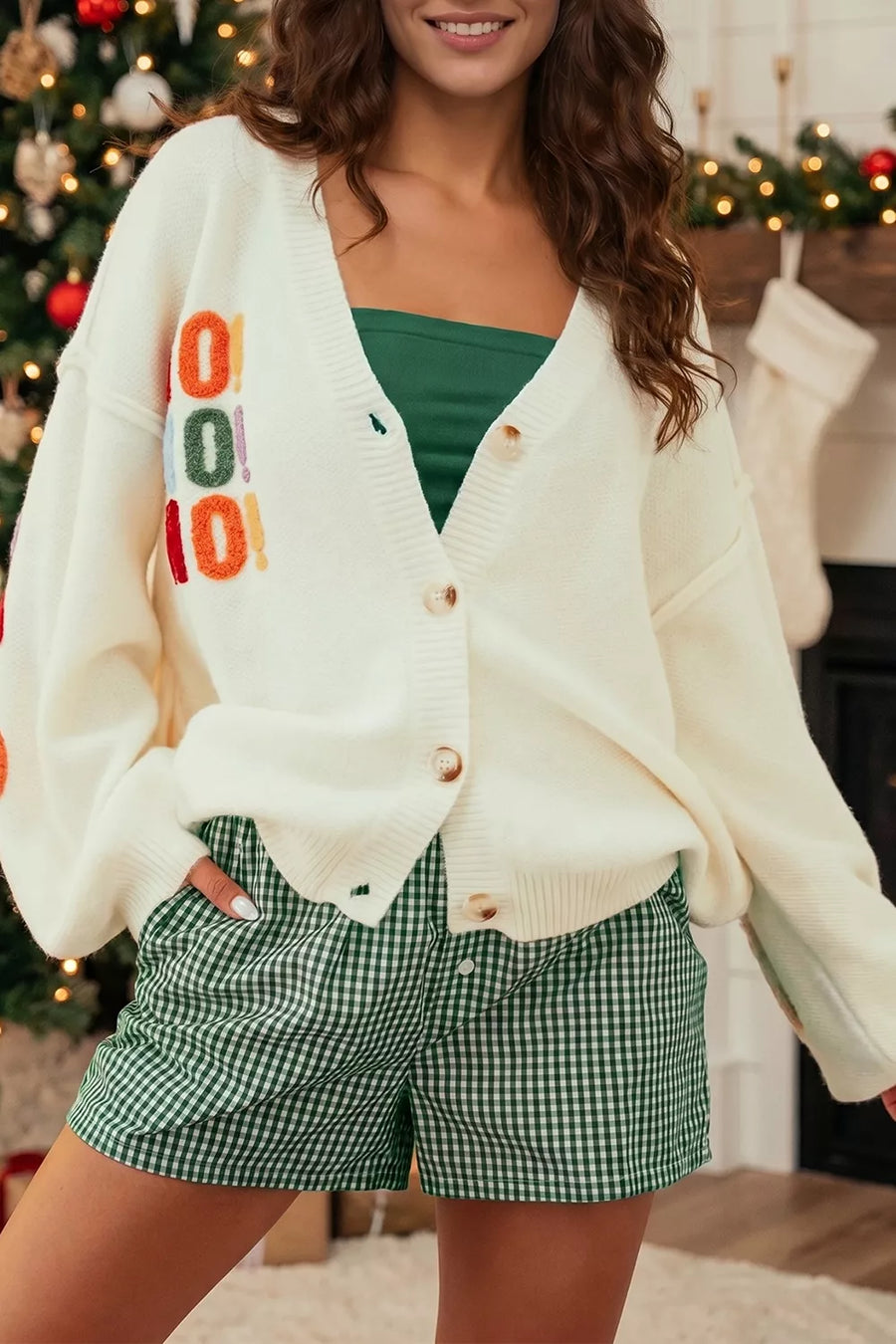 festive cardigan in ivory with v-neck