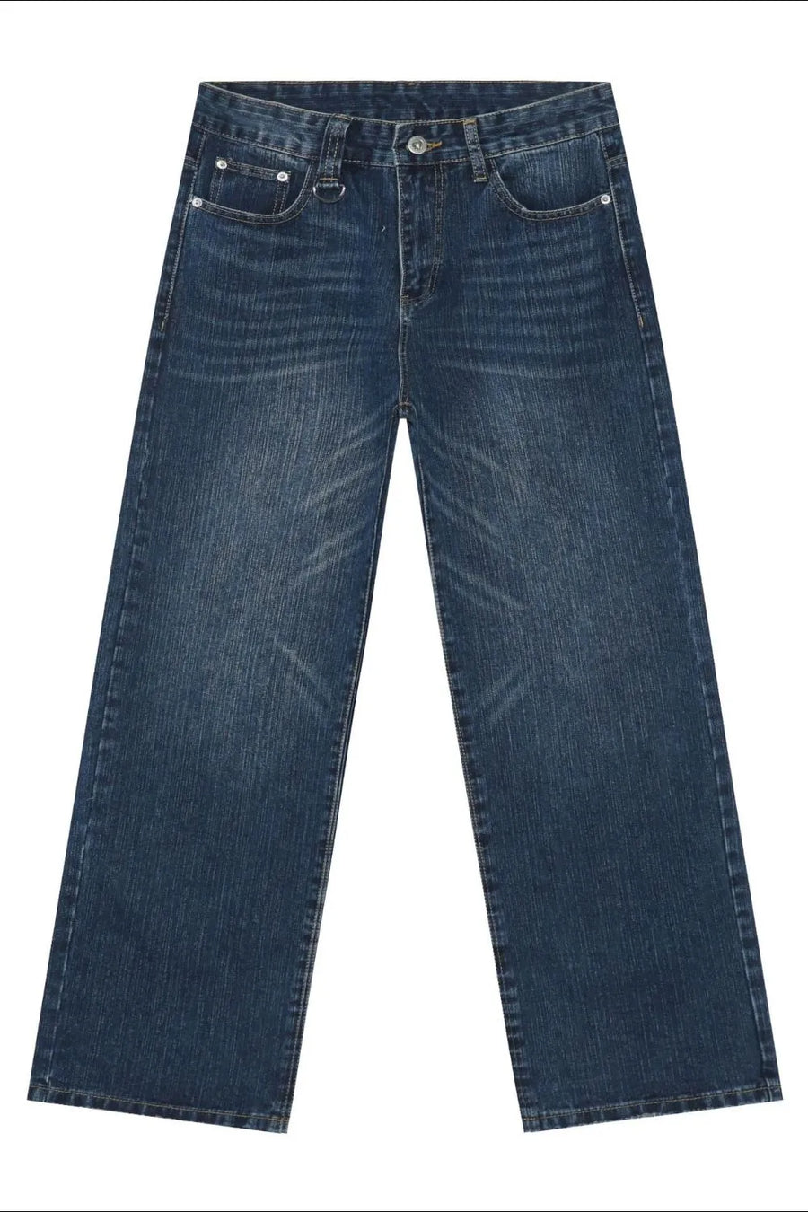 Wide leg denim jeans in dark wash with distressed details and cat's whisker fading.