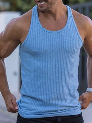 Light blue ribbed tank top with a sculpted fit and scoop neck.