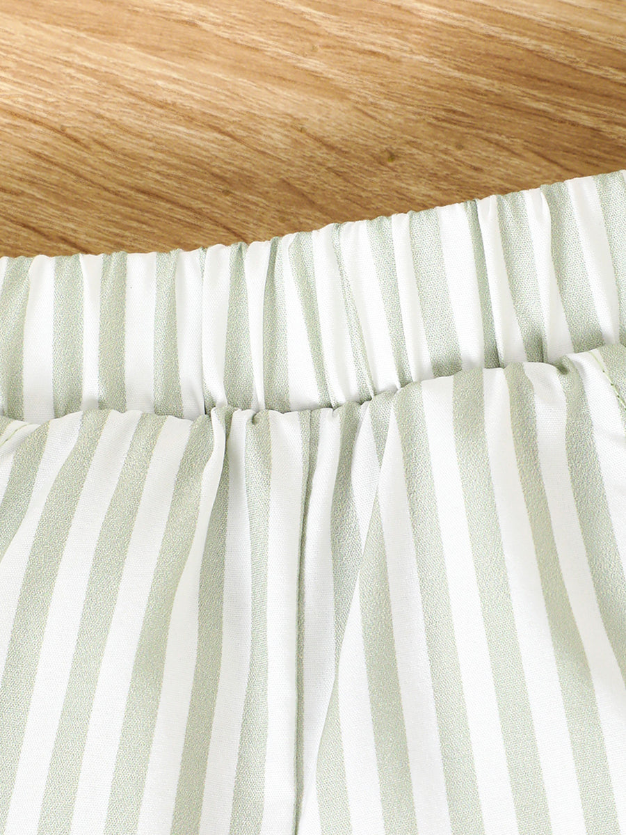 Baby girls' light green striped cotton shorts with elastic waistband