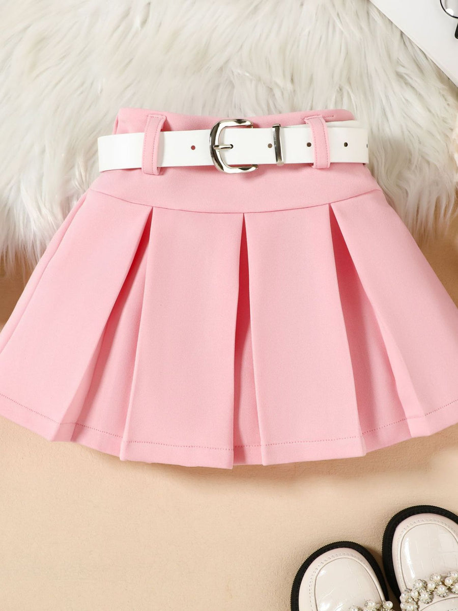 Pink toddler skirt with white belt and pleats