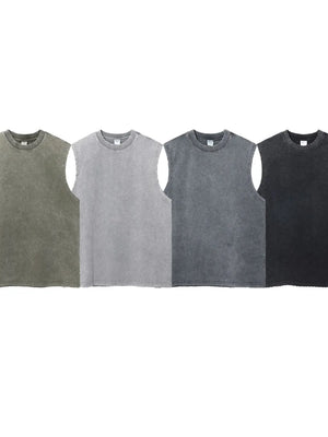 Acid wash muscle tank tops in Moss, Gray, Dark Gray, and Black.