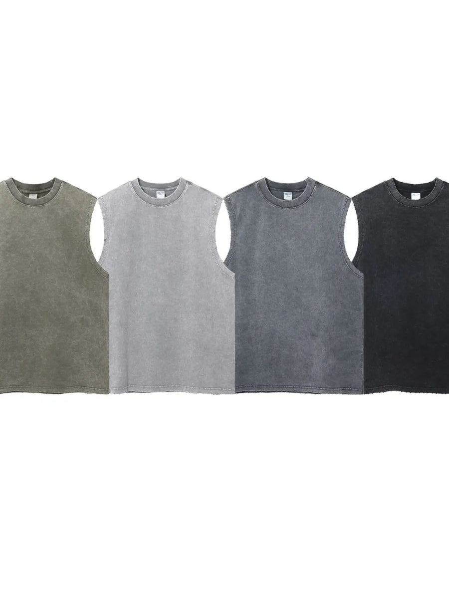 Acid wash muscle tank tops in Moss, Gray, Dark Gray, and Black.