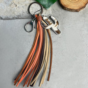 Leather keychain with cactus charm and multi-color tassels