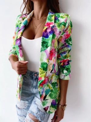 Vibrant Floral Print Open Front Blazer in Red