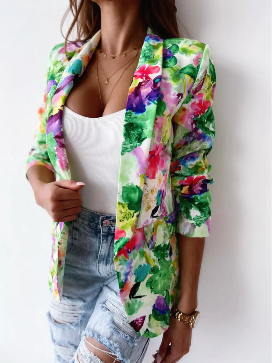 Vibrant Floral Print Open Front Blazer in Red