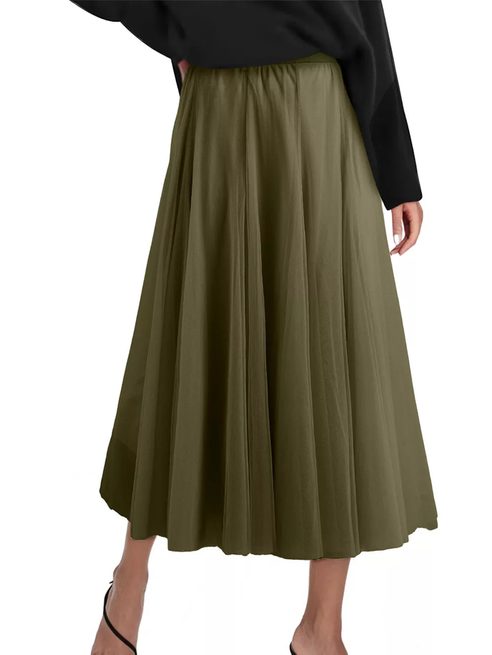 Army green tulle A-line midi skirt with a flowy, pleated design.
