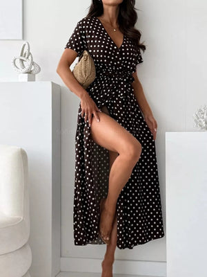 Polka Dot Surplice Maxi Dress With Slit in Dusty Pink, view 16