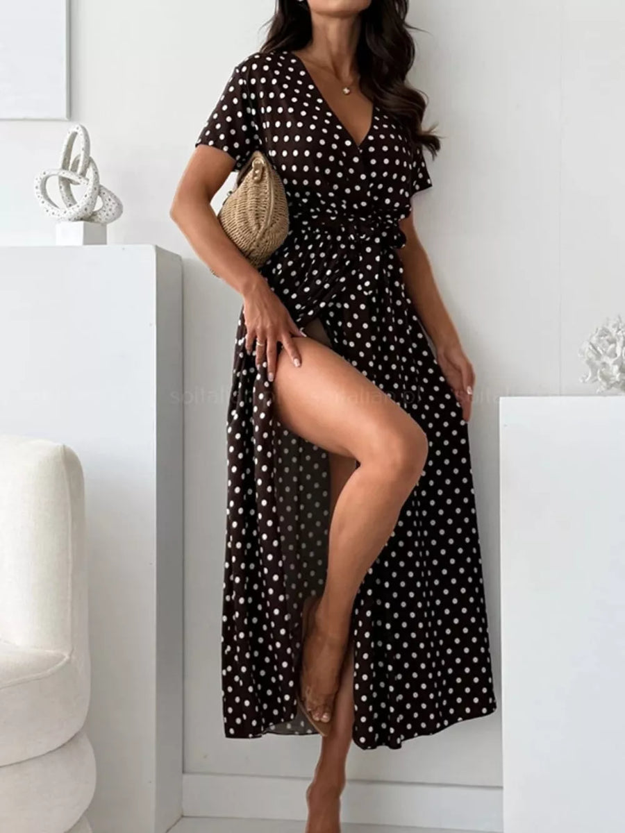 Polka Dot Surplice Maxi Dress With Slit in Dusty Pink, view 16