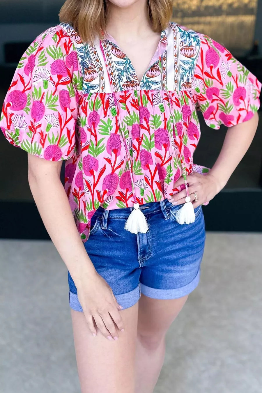 Floral Print Short Sleeve Tassel Tie Blouse option 6