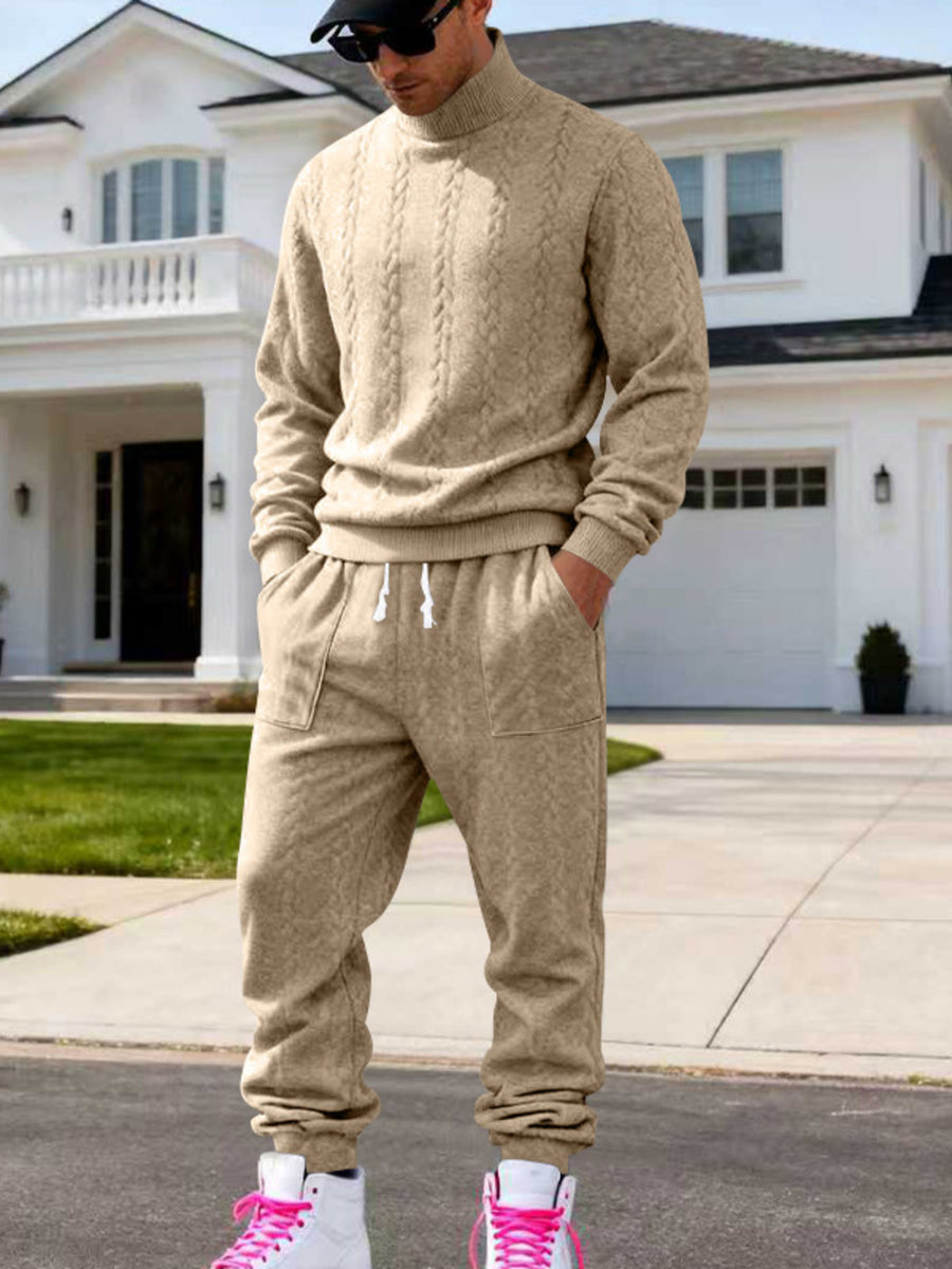 light gray lounge set with pullover, drawstring, elastic and cable knit
