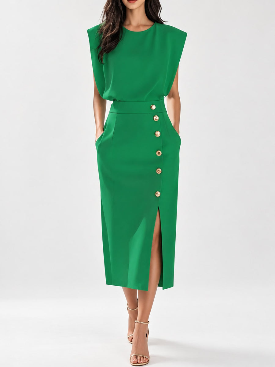 midi dress in Apricot with round neck and sleeveless