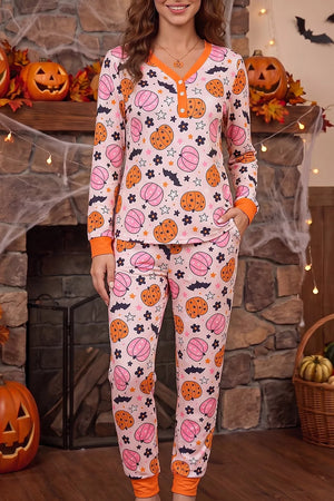 light pink pajama set with novelty print and henley