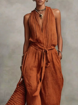 Orange-red relaxed jumpsuit with halter