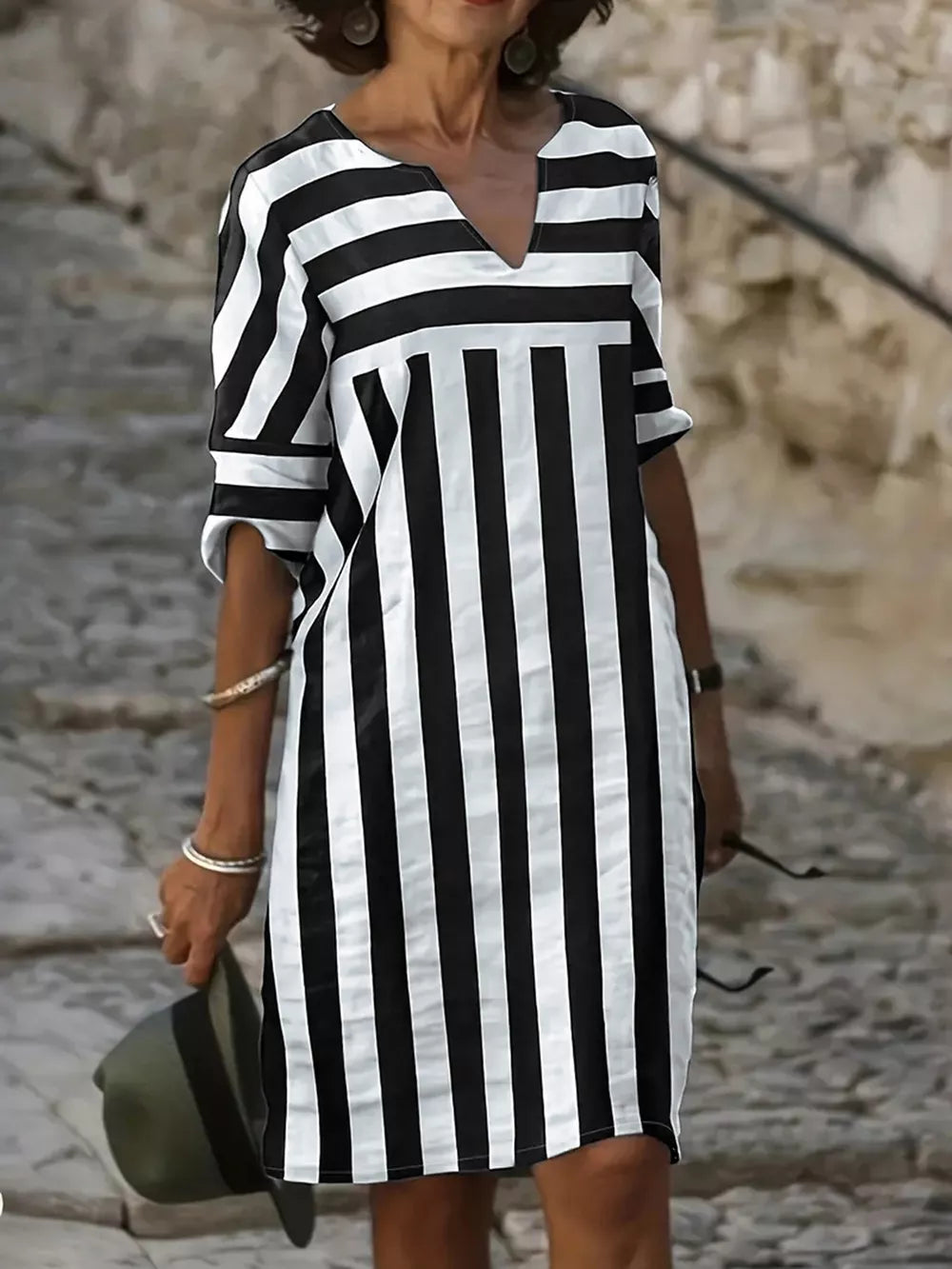 Black Striped Notched Casual Mini Dress