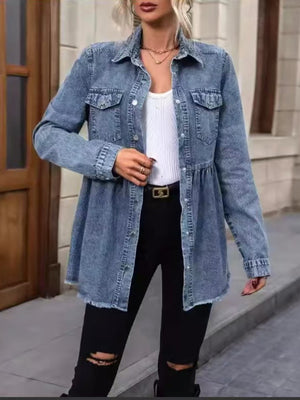 95% cotton, 5% spandex Care instructions: Machine wash cold denim jacket in Dusty Blue with A-line silhouette