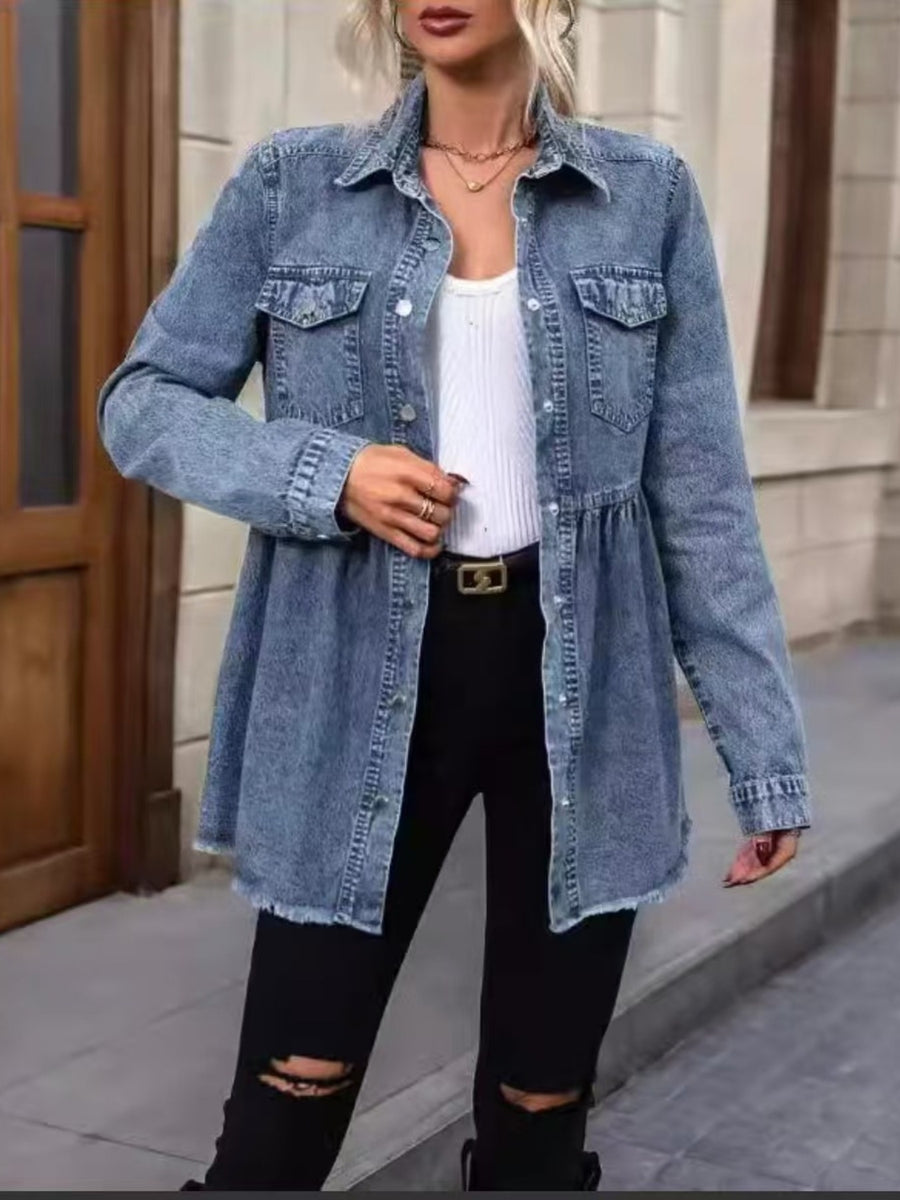 95% cotton, 5% spandex Care instructions: Machine wash cold denim jacket in Dusty Blue with A-line silhouette