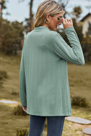 Light Green textured open-front drape cardigan with long sleeves and a mock neck.
