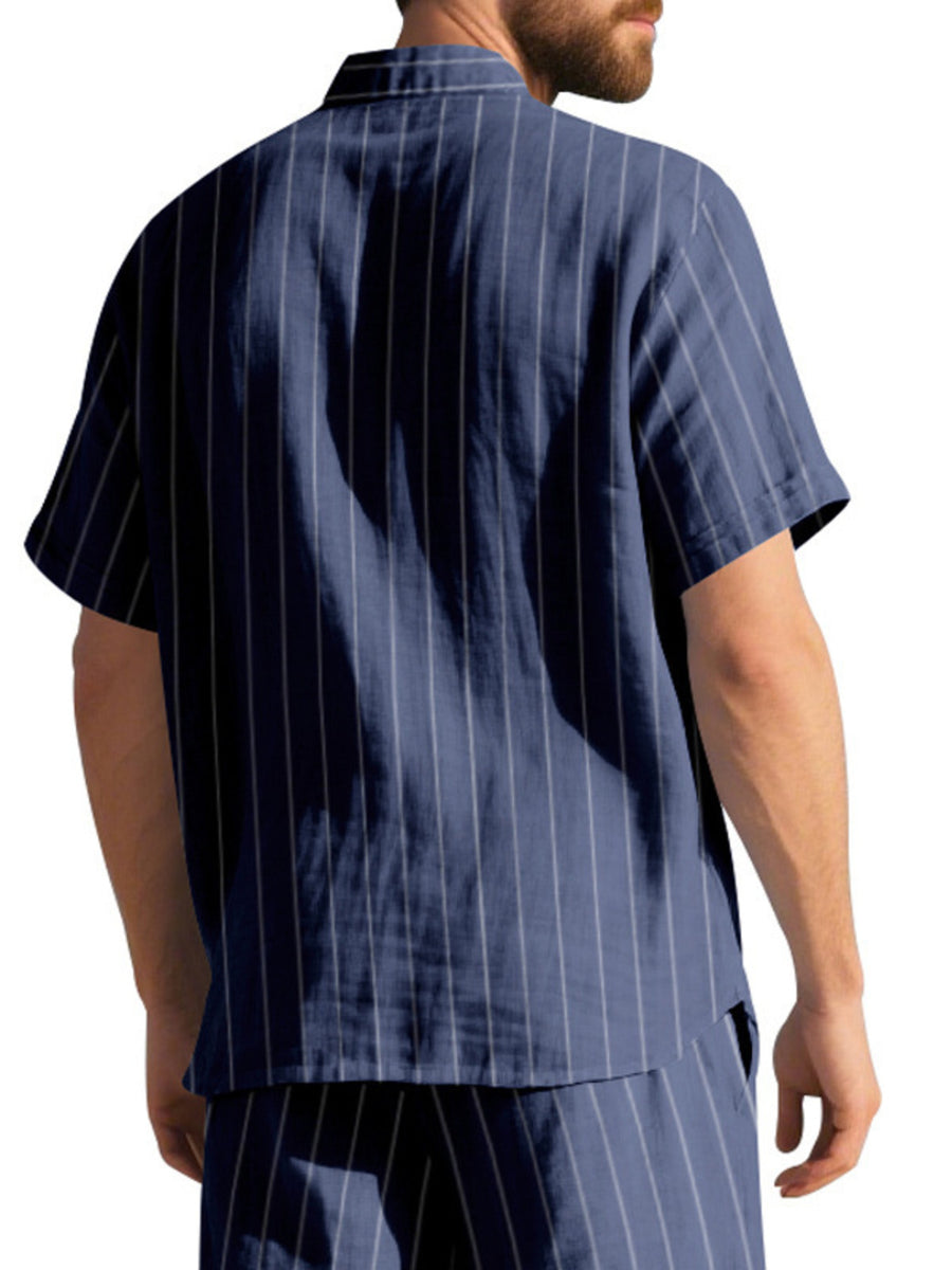 Navy blue striped cotton camp collar shirt with short sleeves.