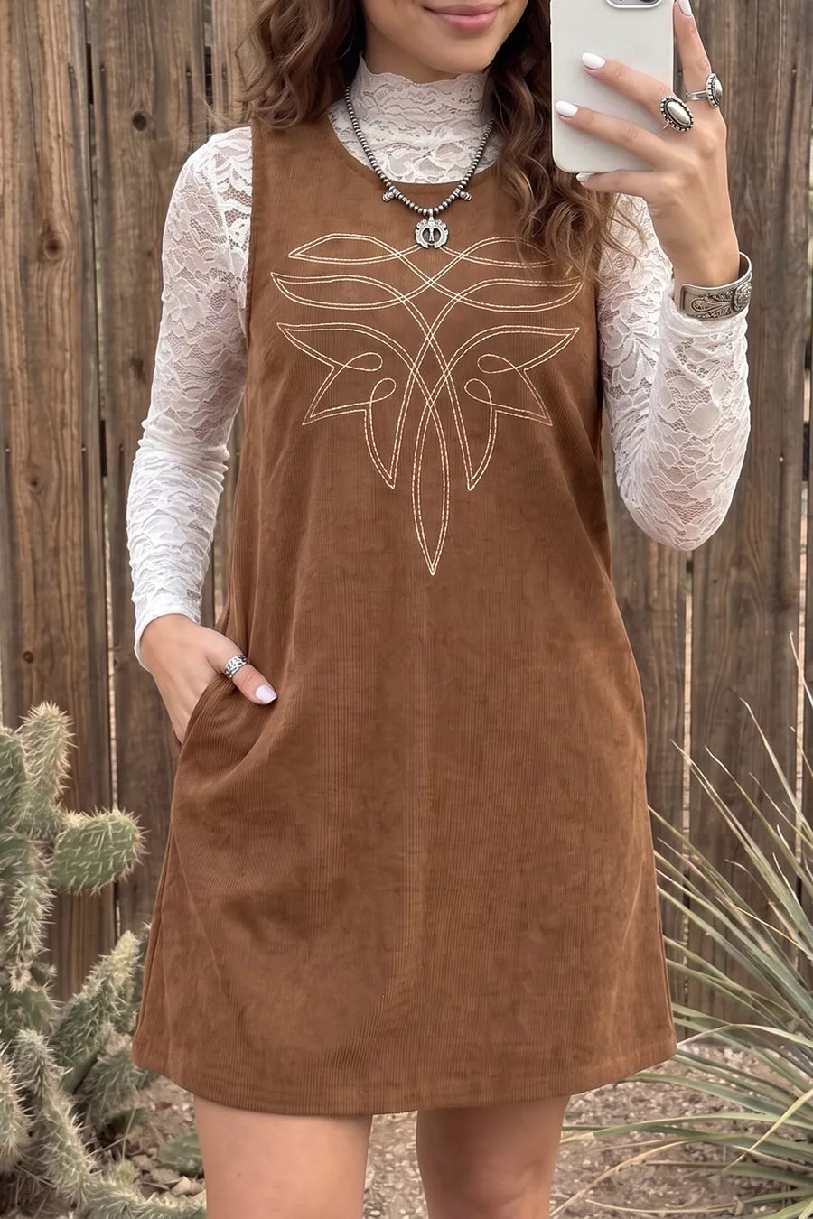 Brown with Geometric Embroidery Sleeveless Corduroy Shift Dress