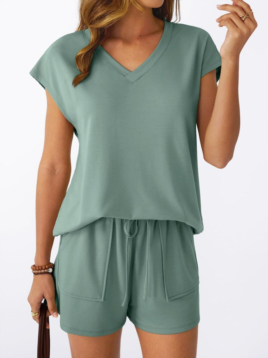 Light green V-neck top and drawstring shorts set with pockets