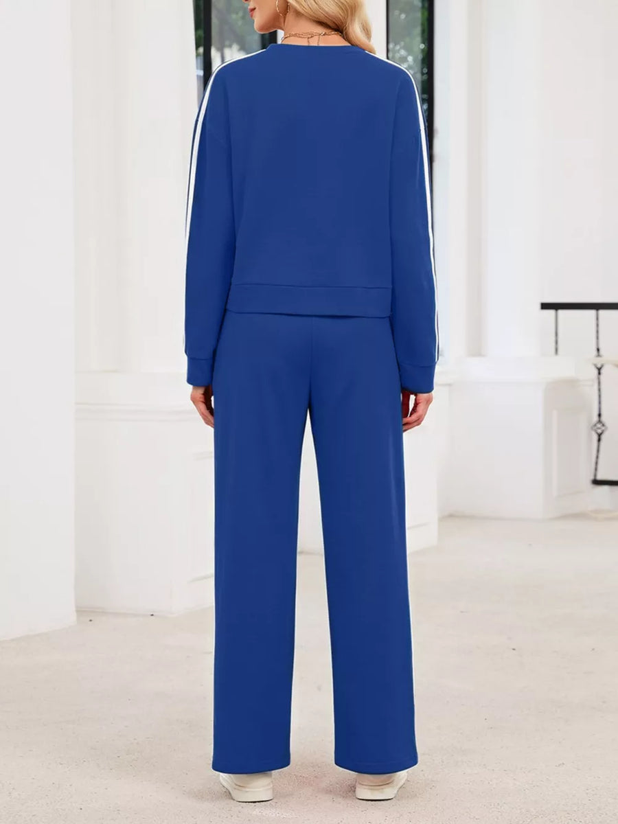 Striped Round Neck Sweatshirt And Pants Set in Black, view 20