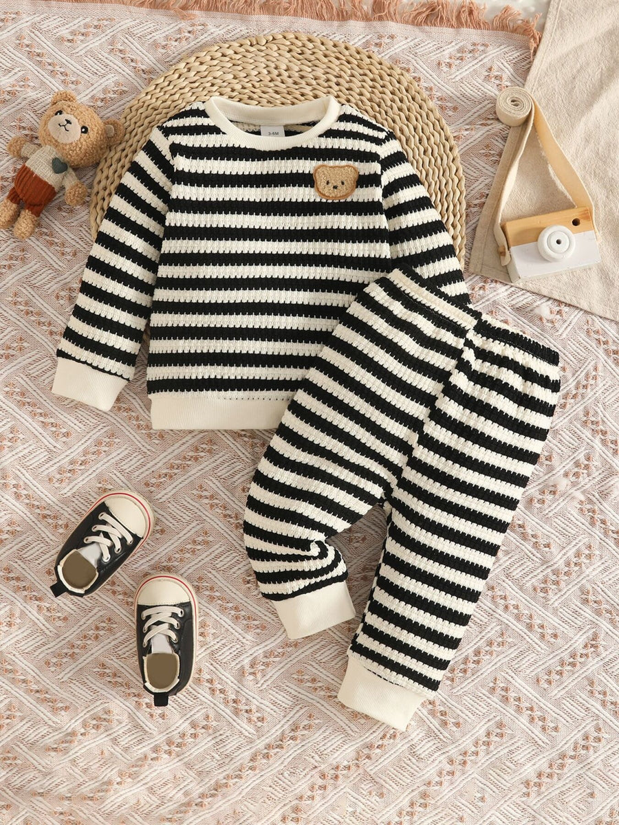 black pajama set with striped and crew neck