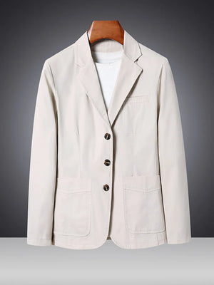 Off-white cotton lapel blazer for men with button closure and patch pockets.