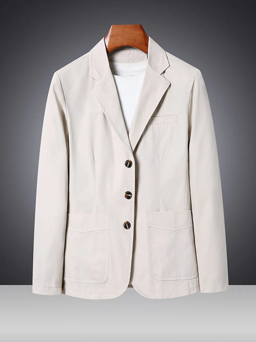 Off-white cotton lapel blazer for men with button closure and patch pockets.