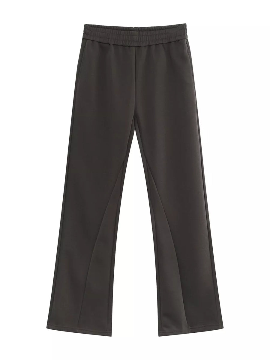 Relaxed fit dark gray sweatpants with adjustable waist and seam detail.