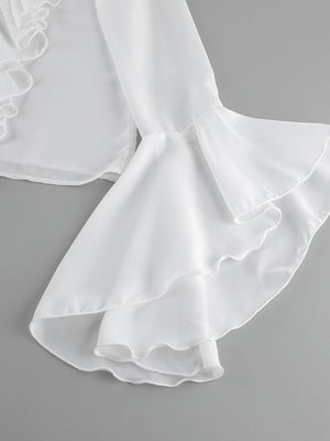 White ruffled flounce sleeve blouse with layered flounce detail.
