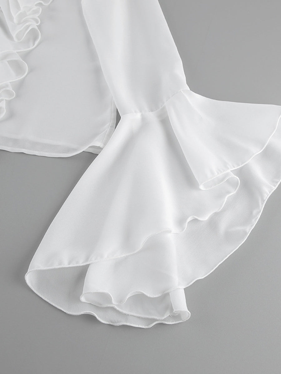 White ruffled flounce sleeve blouse with layered flounce detail.