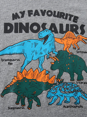 Gray cotton toddler tee with colorful dinosaur graphic and text.