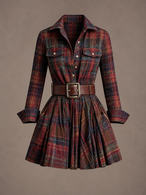 Red Brown (with Belt) shirt dress with mini and button-front