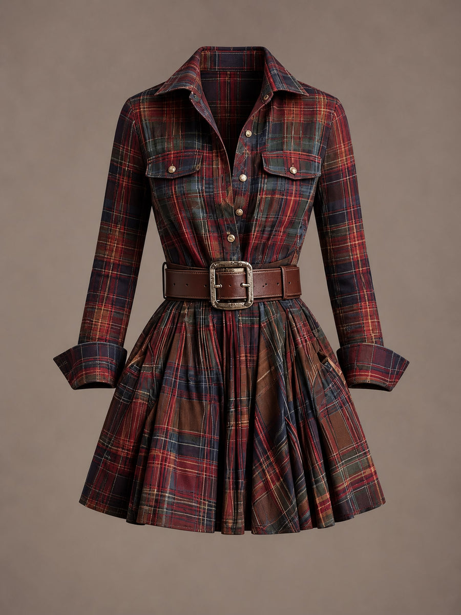 Red Brown (with Belt) shirt dress with mini and button-front