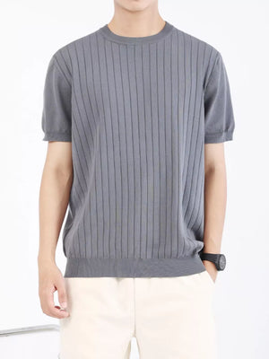 Men's blue gray ribbed knit t-shirt with short sleeves and crew neck.