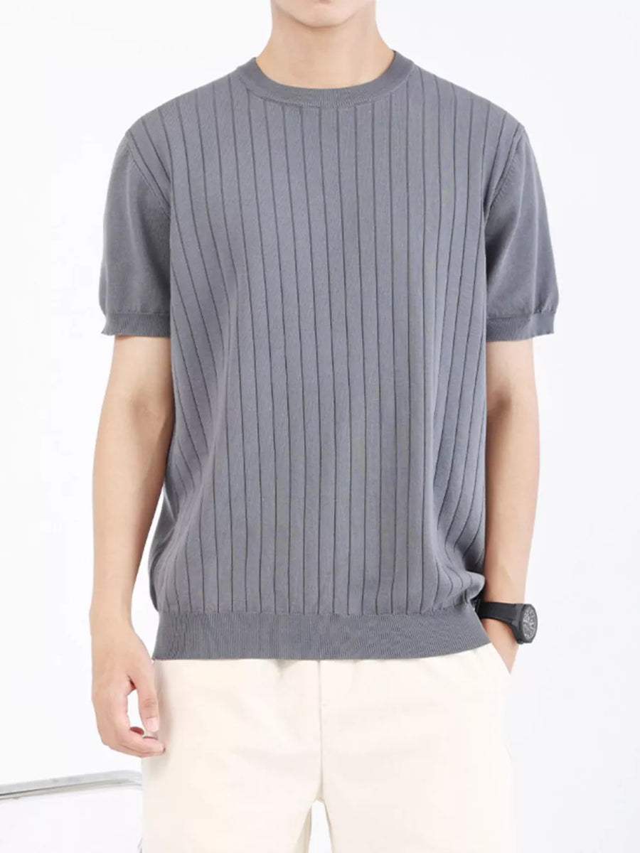 Men's blue gray ribbed knit t-shirt with short sleeves and crew neck.