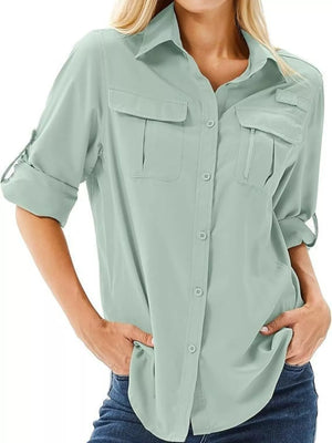 Sage roll-up sleeve button up shirt with chest pockets and zip detail